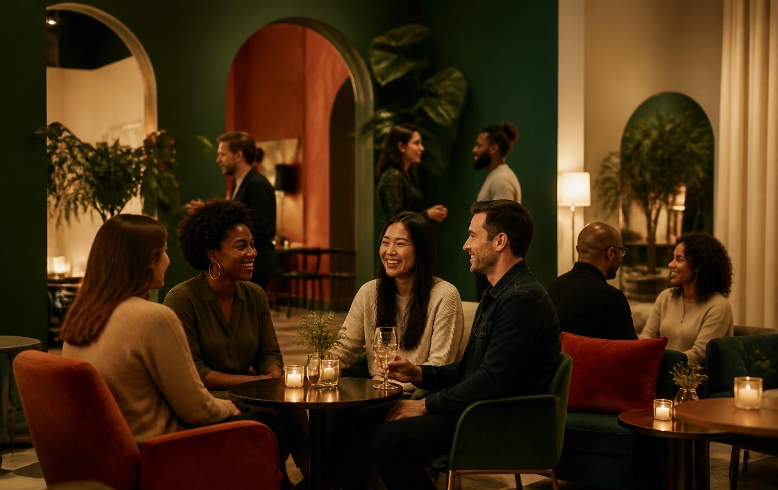 Guests relaxing and laughing together in a warm café lounge